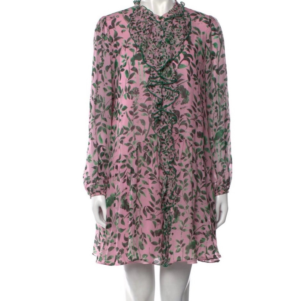 SALONI Pink and Green Long-Sleeve Ruffled Floral Dress